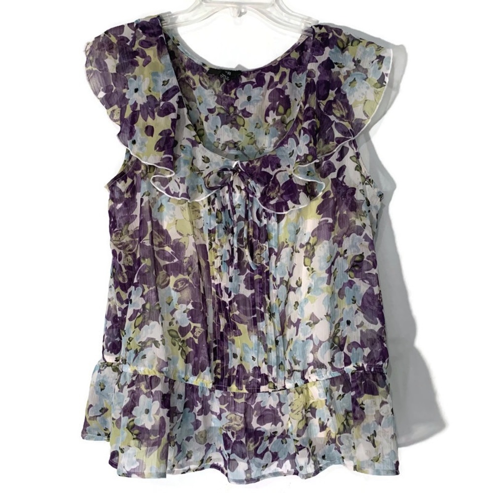 ☘️5 for $25☘️ AGB Floral Print Purple Blue Sheer Sleeveless Blouse Size …